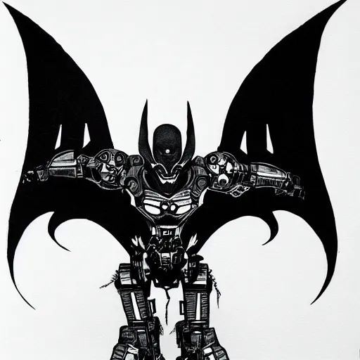 Prompt: ink drawing of a cybernetic bat standing menacingly, trending on artstation