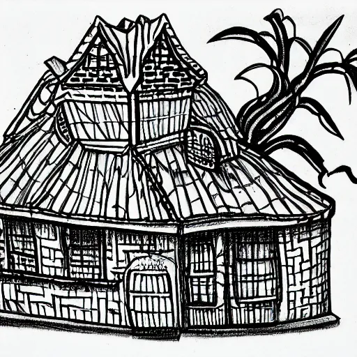 Prompt: a drawing of a house in the style of jim woodring