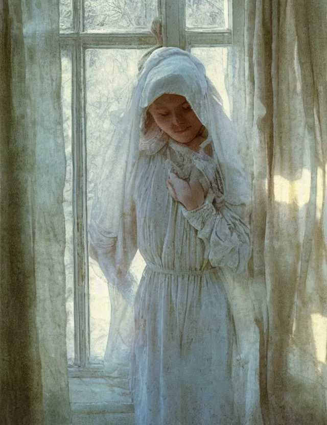 Prompt: peasant girl in a morning in country house, cottage core, cinematic focus, polaroid photo bleached vintage pastel colors high - key lighting, soft lights, foggy, by steve hanks, by lisa yuskavage, by serov valentin, by tarkovsky, detailed, oil on canvas