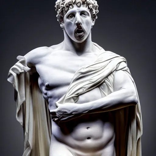 Image similar to a realistic greek white marble statue of adam sandler wearing a ghostly toga getting kicked in the balls, displayed in a museum art gallery, moody, dramatic lighting, dark, photorealistic, cinematic scene, super detailed, hyper realistic, bright lights, 8 k