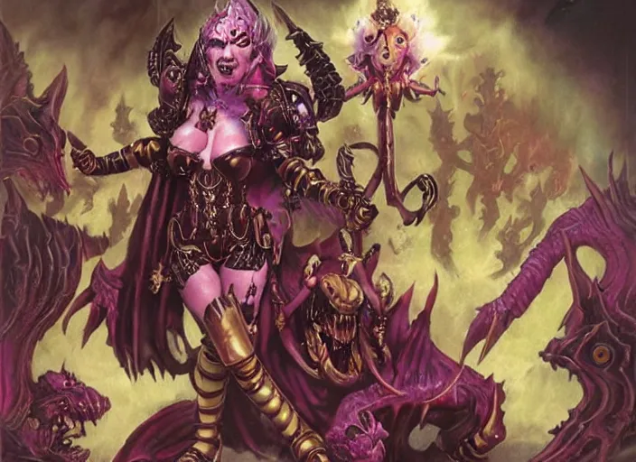 Image similar to Cute Slaanesh demonette trying to call a loyal space marine to the chaos side, art by Mark Simonetti and Gil Elvgren, Warhammer 40000 illustration