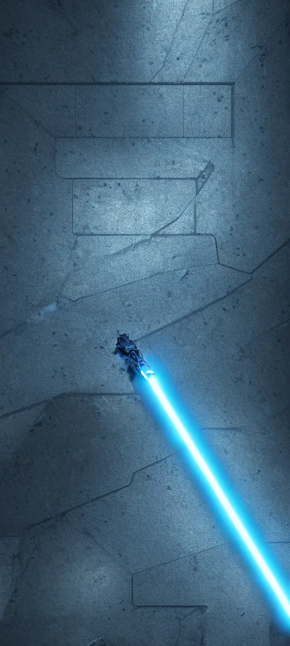 Image similar to detailed cinematic render, of a blue cyberpunk lightsaber lying vertically on a detailed abandoned shrine floor, in a dark room, photo from above, octane render 8 k, digital art, lightsaber wallpaper 4 k, ray tracing, jedi fallen order lightsaber wallpaper 4 k, cal kestis lightsaber wallpaper