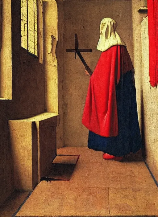 Prompt: red cloth on the floor, medieval painting by jan van eyck, johannes vermeer, florence