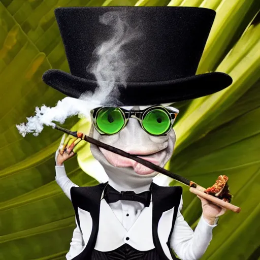 Image similar to Photo of a gecko in a top hat smoking a cigar, holding a martini