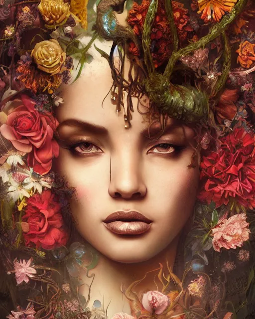 Image similar to portrait of the african queen of the underworld, surrounded by flowers by karol bak, james jean, tom bagshaw, rococo, sharp focus, trending on artstation, cinematic lighting, hyper realism, octane render, 8 k, hyper detailed.