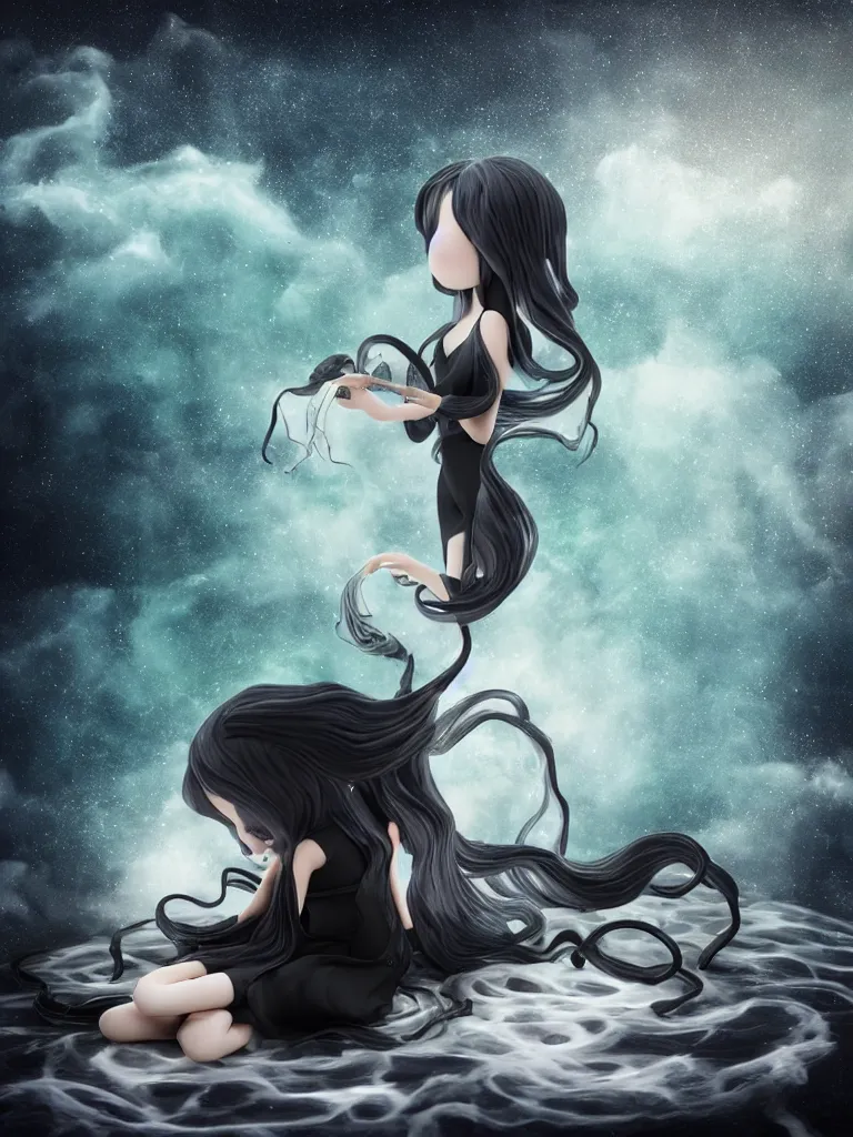 Image similar to cute fumo plush gothic translucent octopus maiden alien girl combing her hair in the waves of the wavering dark galactic abyss, black dress with ribbons, ocean wave thunderstorm and reflective splashing water, black and white, ocean simulation, vignette, vray