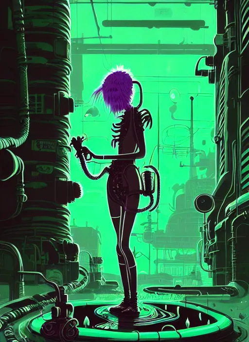 Image similar to highly detailed portrait of a lonely wasteland punk long dripping green poison hair tribal lady, stray neon green sludge hoses by atey ghailan, james gilleard, by joe fenton, by greg rutkowski, by greg tocchini, by kaethe butcher, 4 k resolution, gradient purple, brown black and white color scheme!!! ( ( green flaming robotic sewer background ) )
