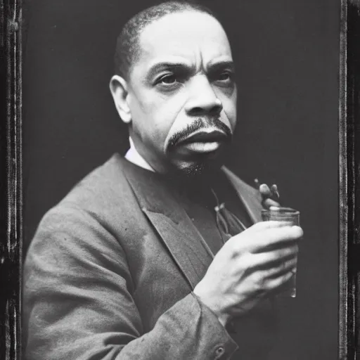 Image similar to tintype photo of ice - t, drinking iced tea with a straw, by julia margaret cameron 1 8 8 0 s, realistic, body shot, sharp focus, 8 k high definition, insanely detailed, intricate, elegant