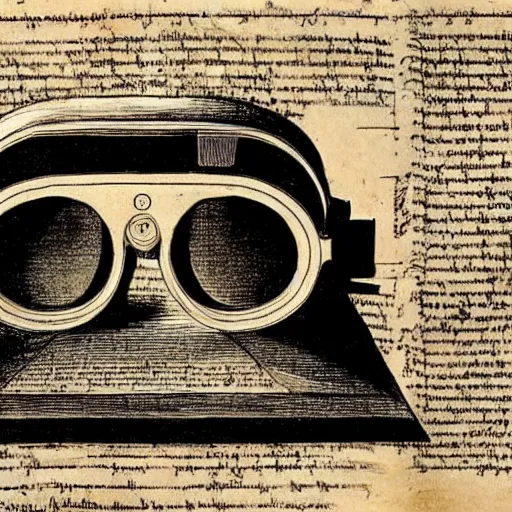 Image similar to Vintage, detailed, sketch of Oculus Rift, with full descriptions, on parchment. Taken from Leonardo da Vinci's Codex Atlanticus