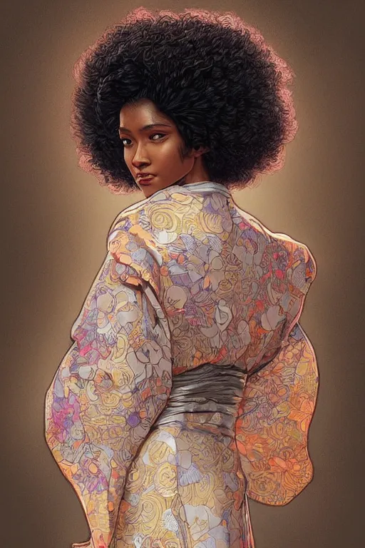 Image similar to ultra realistic illustration, woman with an afro wearing a kimono, sci - fi, fantasy, intricate, elegant, highly detailed, digital painting, artstation, concept art, smooth, sharp focus, illustration, art by artgerm and greg rutkowski and alphonse mucha