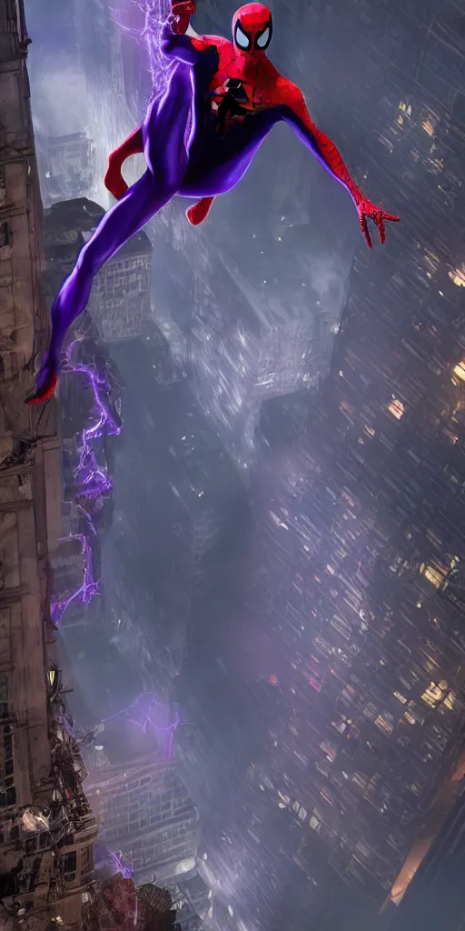 Image similar to Spider Man swinging from webs made of purple fire, dramatic lighting, cinematic, establishing shot, extremely high detail, photo realistic, cinematic lighting, post processed, concept art, artstation, matte painting, style by eddie mendoza, raphael lacoste, alex ross