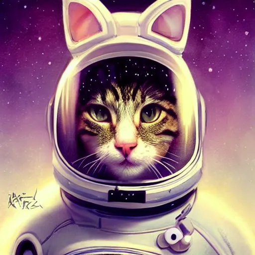 Image similar to head and shoulders masterpiece portrait of a cute adorable cat wearing a spacesuit, surreal background, digital art by krenz cushart, trending on artstation, cgsociety,