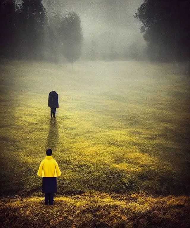 Prompt: super epic realistic nature photo trending on instagram with lonely person in yellow raincoat standing at a distance