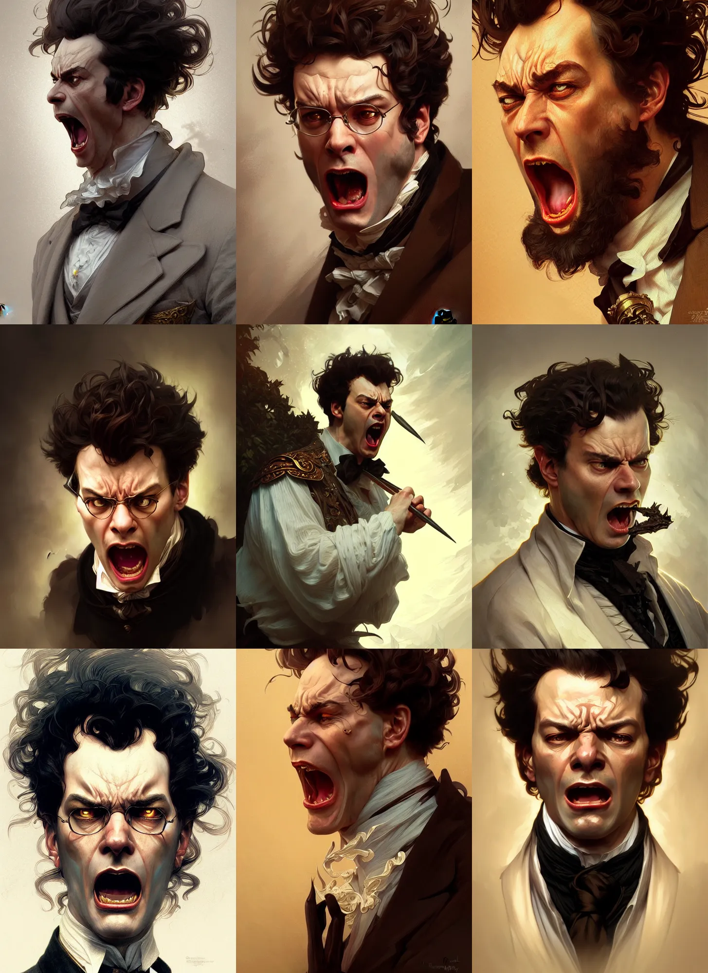 Prompt: portrait of angry screaming franz schubert, d & d, fantasy, intricate, elegant, highly detailed, digital painting, artstation, concept art, smooth, sharp focus, illustration, art by artgerm and greg rutkowski and alphonse mucha