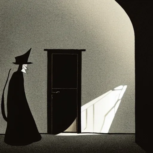 Image similar to the magician with a black robe inside a abandoned house, shadows, lurker, ghibli style