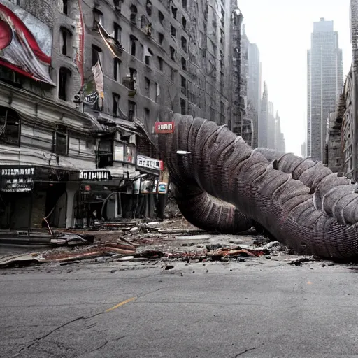 Image similar to new york abandoned attacked by giant worm, post apocalyptic, damage road