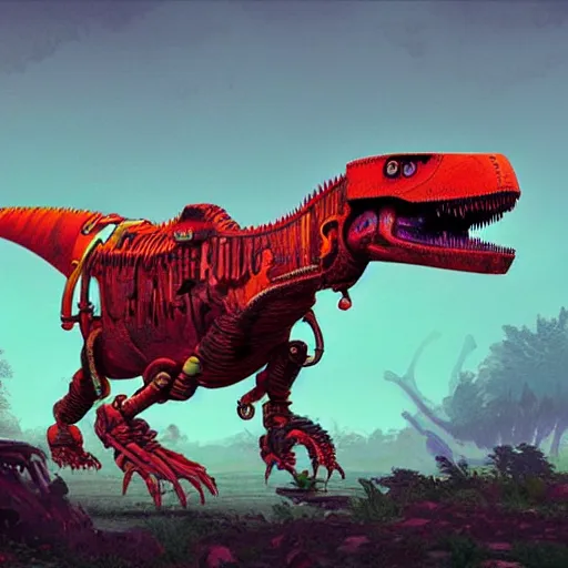 Image similar to a character art rendering of a brightly colored robot T-rex made of mechanical parts, cartoonish psychedelic paleoart rendering, realistic dinosaur cyborg in the style of greg rutkowski and simon stålenhag, made with zbrush