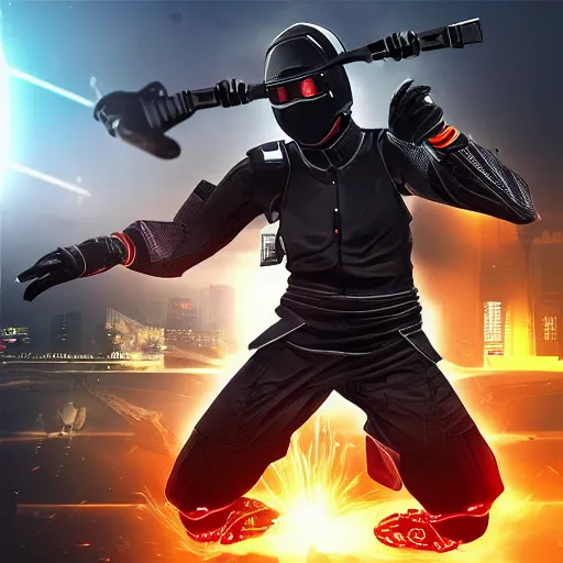 Prompt: cyber ninja with high tech weapons, highly detailed, 4k, HDR, smooth, sharp focus, hyper realistic, high resolution