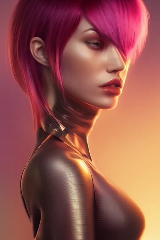 Prompt: full portrait of a beautiful female with thin lustrous vibrant electric Cyberpunk hair wearing a bodysuit , reflections, focus, detailed, realistic eyes, symmetric body features proportions, golden ratio, intricate facial skin details, award winning, trending in cgsociety artstation deviant art, octane render, by boris Vallejo and Tom Bagshaw and Beeple