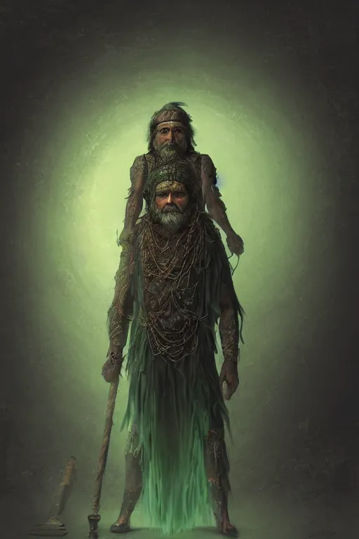 Prompt: full body portrait of an ancient man wearing layered black clothes with an elaborate cane that emits a soft green glow in an orange environment, atmosphere. dream like environment. soft. Foggy. Realistic concept art. V-ray. Ultra HD. 8K. Sharp details. 50mm. f/3.5.