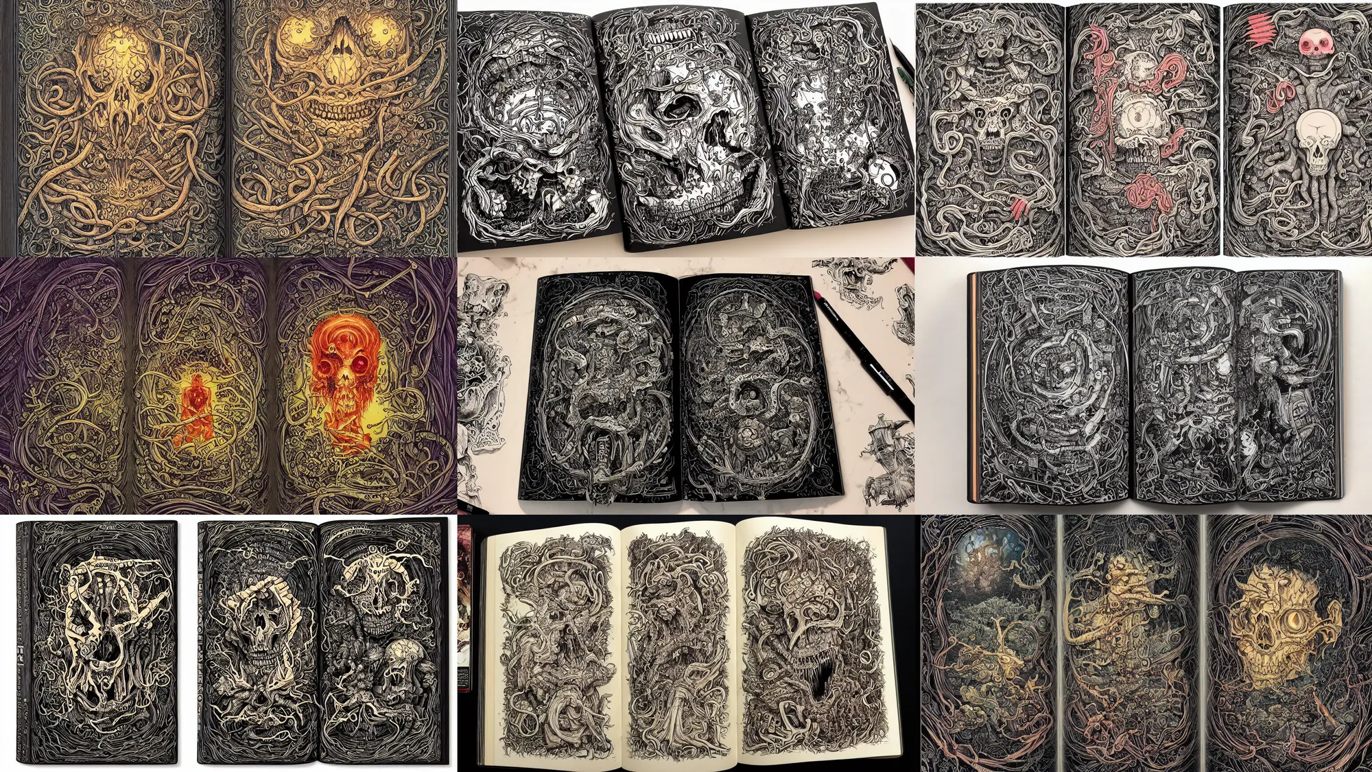 Prompt: opened necronomicon, terrific illustrations, hand write annotations, perchament, by oliver vernon, by joseph moncada, by damon soule, by manabu ikeda, by kyle hotz, by dan mumford, by otomo, 4 k resolution