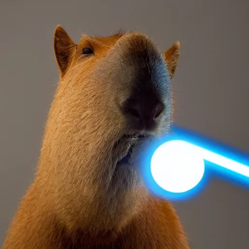 Image similar to A Realistic capybara posing with a glowing Jedi light saber in a well lit white room, 4k Photograph