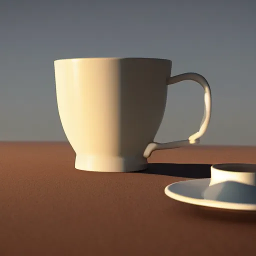 Prompt: White mug, hyperrealism, diffuse shadows, colored lighting, golden hour, unreal engine 5 tech demo, octane render, Frank Lloyd Wright ((Studio Ghibli))