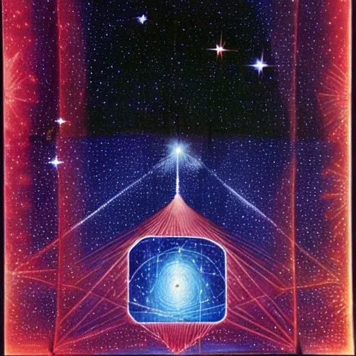 Prompt: the constellation of twinkling stars show a palace in the night sky, Michael Devine, Caspar David Friedrich, spiritual, nebula, romantic, Alex Grey