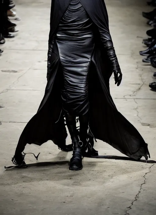 Image similar to hyperrealistic and heavy detailed rick owens avant garde runway show of batman, leica sl 2 5 0 mm, vivid color, high quality, high textured, real life