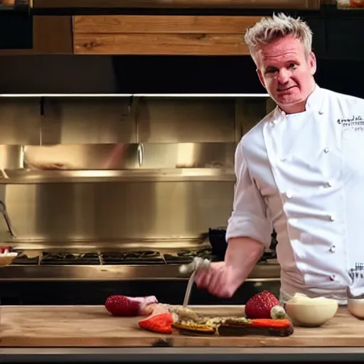 Image similar to hyper real Gordon Ramsey cooking a unicorn in kitchen 4k