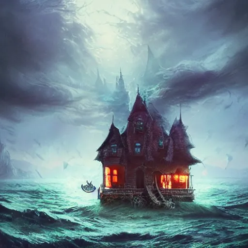 Image similar to realistic scary witches in front of a candy witch house, floating on the ocean, epic scene, fantasy, cinematic, hyper - detailed, in the style of greg rutkowski