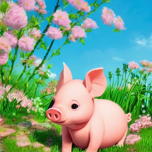 Image similar to cute and adorable piglet resting on a beautiful garden by makoto shinkai, miniature pig, pastel color tones!! studio ghibli, hayao miyazaki, takashi takeuchi, akihiko yoshida, funimation, key anime visual, anime poster, 8 k, highly detailed, rendered, concept art, trending on artstation, pixiv daily ranking