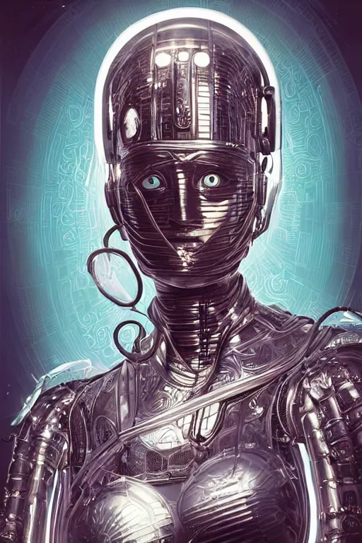 Image similar to retro-futuristic portrait of a beautiful damaged female android in old chrome armour with cables and wires and white liquid, ornate background, rim light, ornate pattern, glowing eyes, evil expression, high details, intricate details, renaissance painting by vincent di fate, artgerm julie bell beeple, 80s, Smooth gradients, High contrast, depth of field, very coherent symmetrical artwork