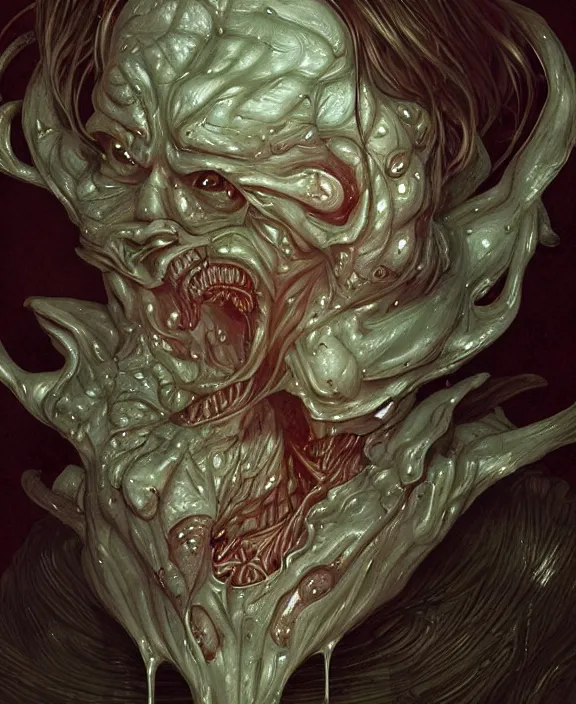 Prompt: portrait of a bloodied intricate geometric slime dripping genderless insect alien monster, muscles, rippling, space warping and twisting, ultra realistic, concept art, intricate details, eerie, highly detailed, photorealistic, octane render, 8 k, unreal engine. art by artgerm and greg rutkowski and alphonse mucha