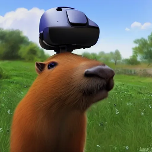 Image similar to photorealistic capybara wearing VR helmet