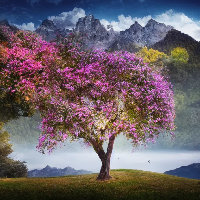 Image similar to a beautiful awesome artistic tree with flowers like leaves and many birds, all in the amazing outdoors view, mountain in the background, lake, long exposure, 8 k resolution, trending on artstation