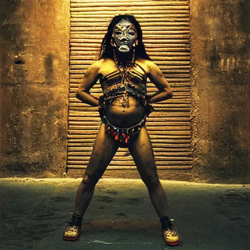 Prompt: empty street, female mayan jaguar warrior, portrait, at night, by nan goldin, cinematography by quetzalcoatl