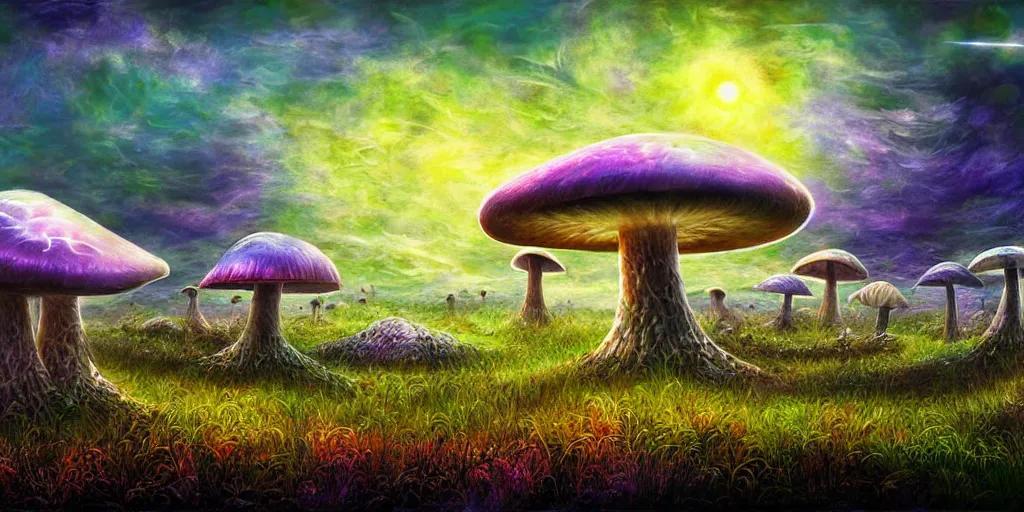 Prompt: spaceport fantasy meadow mushroom lattice, award winning art, epic dreamlike fantasy landscape, art print, science fiction, ultra realistic,