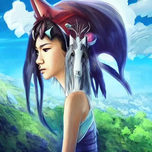 Prompt: “Zendaya, Mononoke-hime style, cartoon, blue sky with white clouds green hills and mountains on the background, fantasy, photorealistic, concept Art, ultra detailed portrait, 4k resolution”