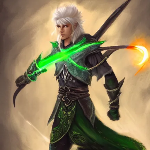 Image similar to High Fantasy dramatic portrait painting of a white haired male elf walking through the snow with a glowing green sword in his hand, leg high, face showing, full body, fantasy clothing, cgsociety, trending on artstation, dnd