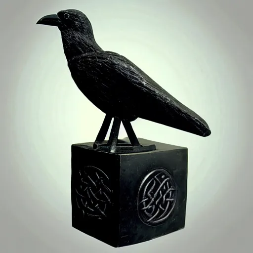 Image similar to sculpture of a black crow on a socket with celtic carvings