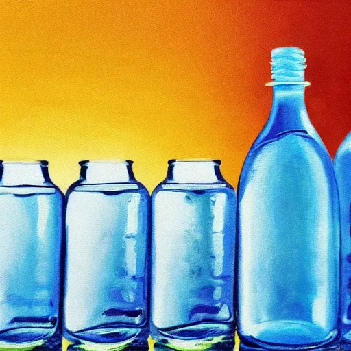 Prompt: “painting of 7 bottles of water broken on the ground”