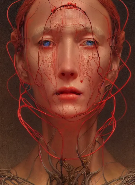 Prompt: Woman masterpiece, beautiful eyes, red, golden halo behind her head, red wires wrap around, by Edgar Maxence and Ross Tran, Zdzisław Beksiński, and Michael Whelan, distant, gustav dore, H.R. Giger, 8k, octane render