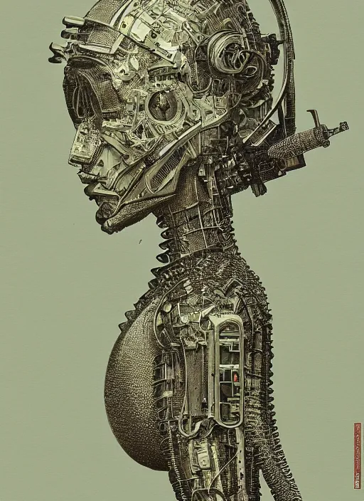 Image similar to 2 d illustration, grained risograph, vintage horror sci - fi portrait of a futuristic silver armored geisha district 9 cyborg, parallax, fractal, intricate, elegant, highly detailed, subsurface scattering, by jheronimus bosch and moebius louis jacques mande daguerre and szukalski