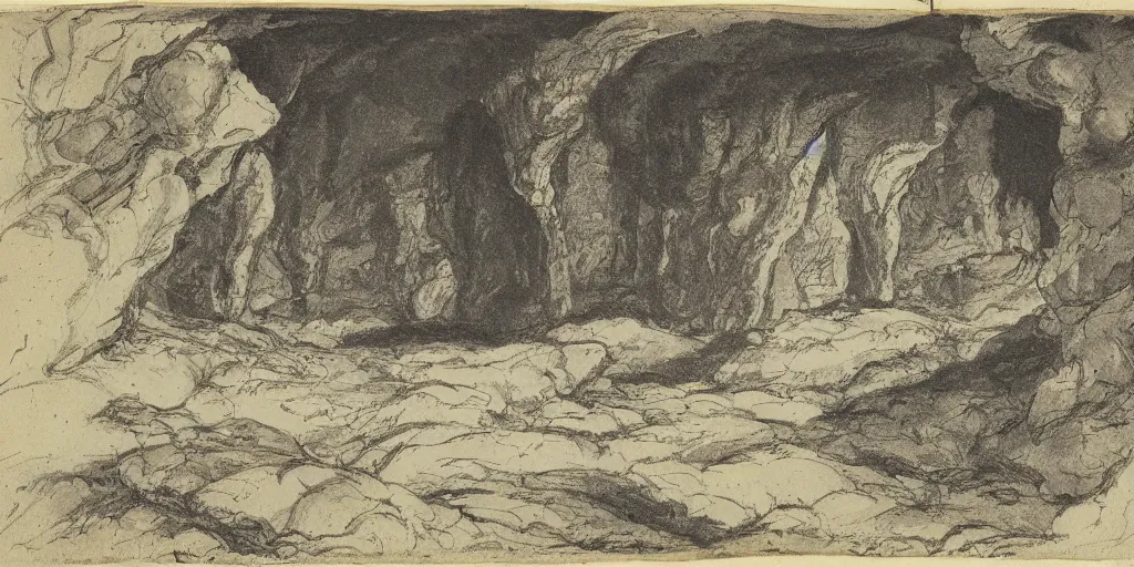 Image similar to an illustration of a cave in a sketchbook, 18th century, landscape