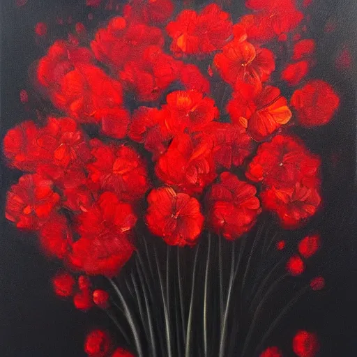 Prompt: oil painting of many various red flowers painted on a black background, the flowers are floating, dark atmosphere, realistic flowers oil painting