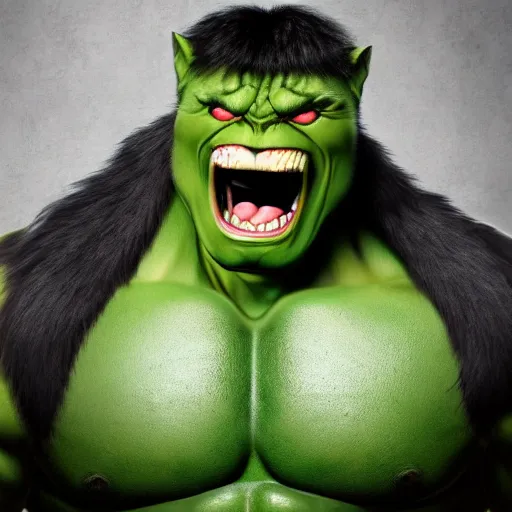 Image similar to hulk cat, big green muscular cat, demanding food from its owner