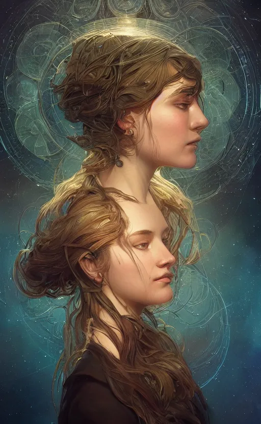 Image similar to portrait of a girl with the universe inside her head, filaments, surreal, intricate, headshot, highly detailed, digital painting, artstation, concept art, sharp focus, cinematic lighting, illustration, art by artgerm and greg rutkowski, alphonse mucha, cgsociety, science fiction