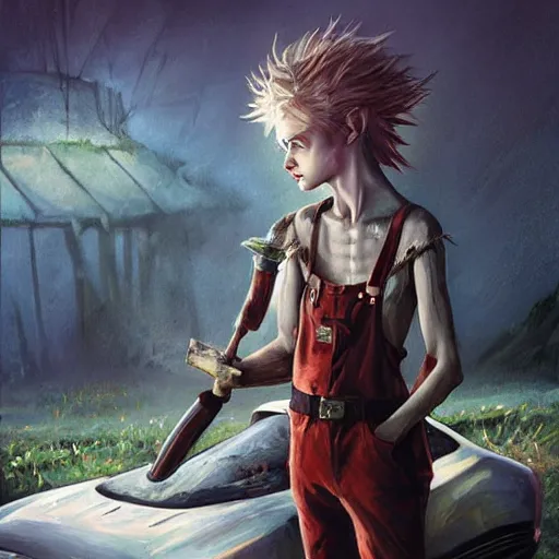 Image similar to a skinny high-fantasy elf with a long narrow face and spiky blonde hair wearing dark brown overalls and holding a bomb next to a destroyed car, painting by Charlie Bowater