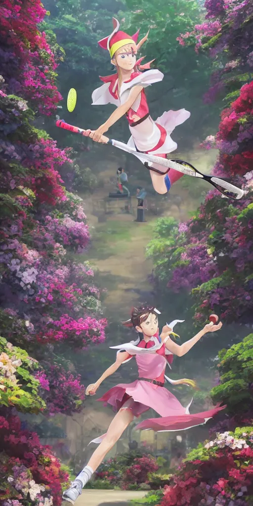 Image similar to An elf playing tennis on a tennis court made of flowers,Japanese anime style, gorgeous atmosphere, full of details, matte painting, concept art, smooth, by Shinkai Makoto and Ina Wong and wlop ，trending on cgsociety and artstation，8kHDR，light effect